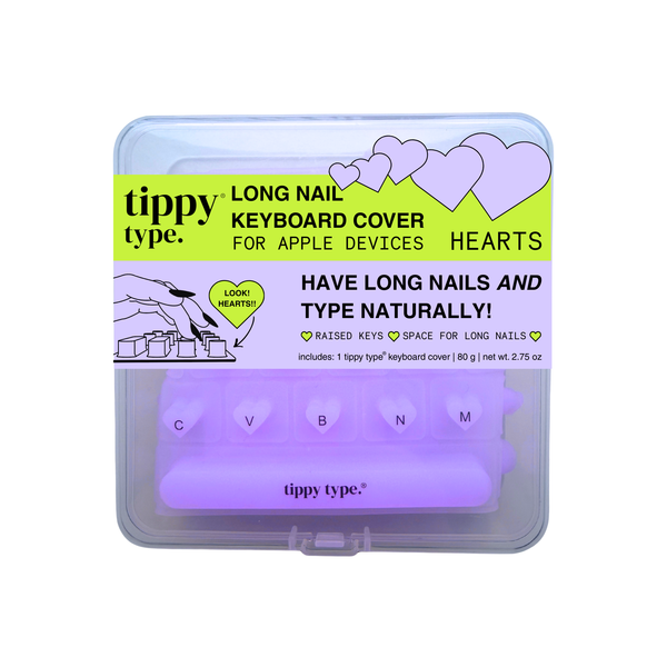 Tippy Type long nail keyboard cover in purple, packaging with hearts design on a white background