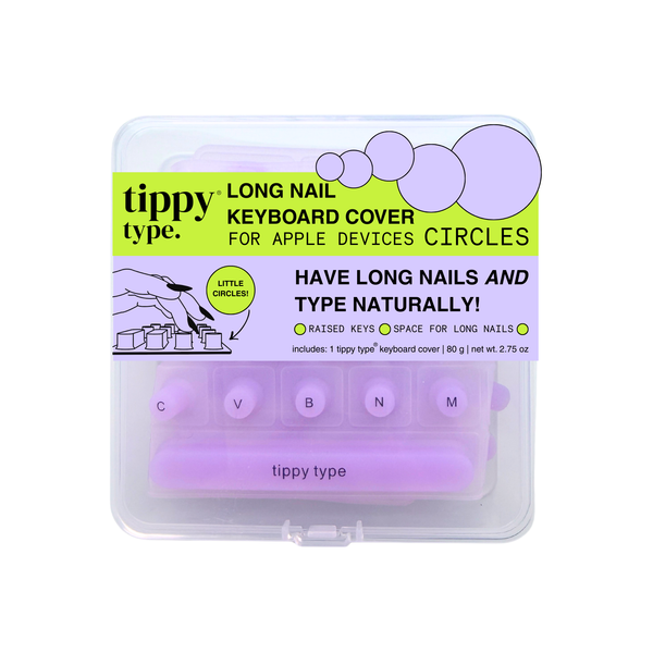 Tippy Type long nail keyboard cover for Apple devices with purple cover and clear packaging.