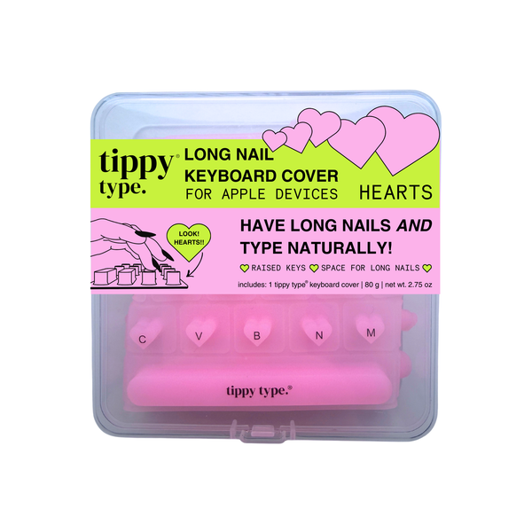 Pink keyboard cover for long nails with packaging featuring hearts and text.