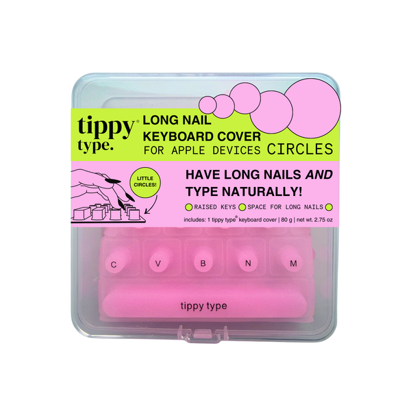 Pink keyboard cover for long nails with tippy type branding on a white background
